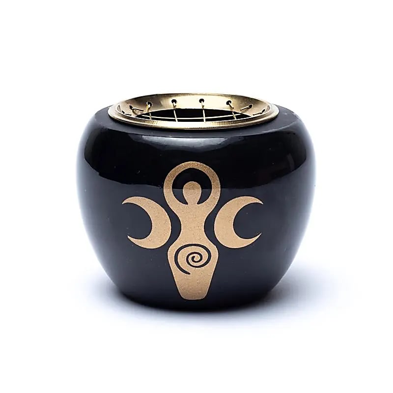 Brûleur d'encens symbole de déesse noir & or - 9x7cm