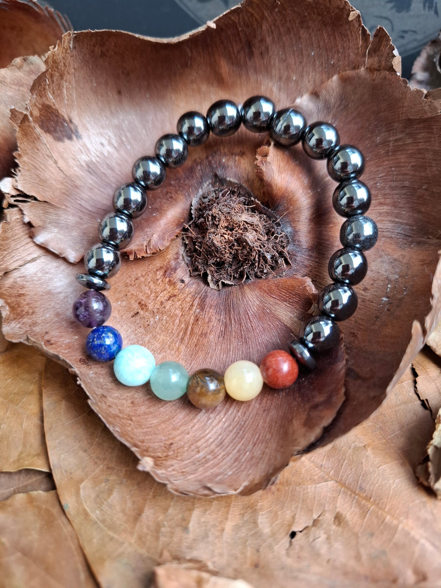 🛡️🌈 Bracelet Hématite 7 Chakras – Ancrage, harmonie et alignement énergétique