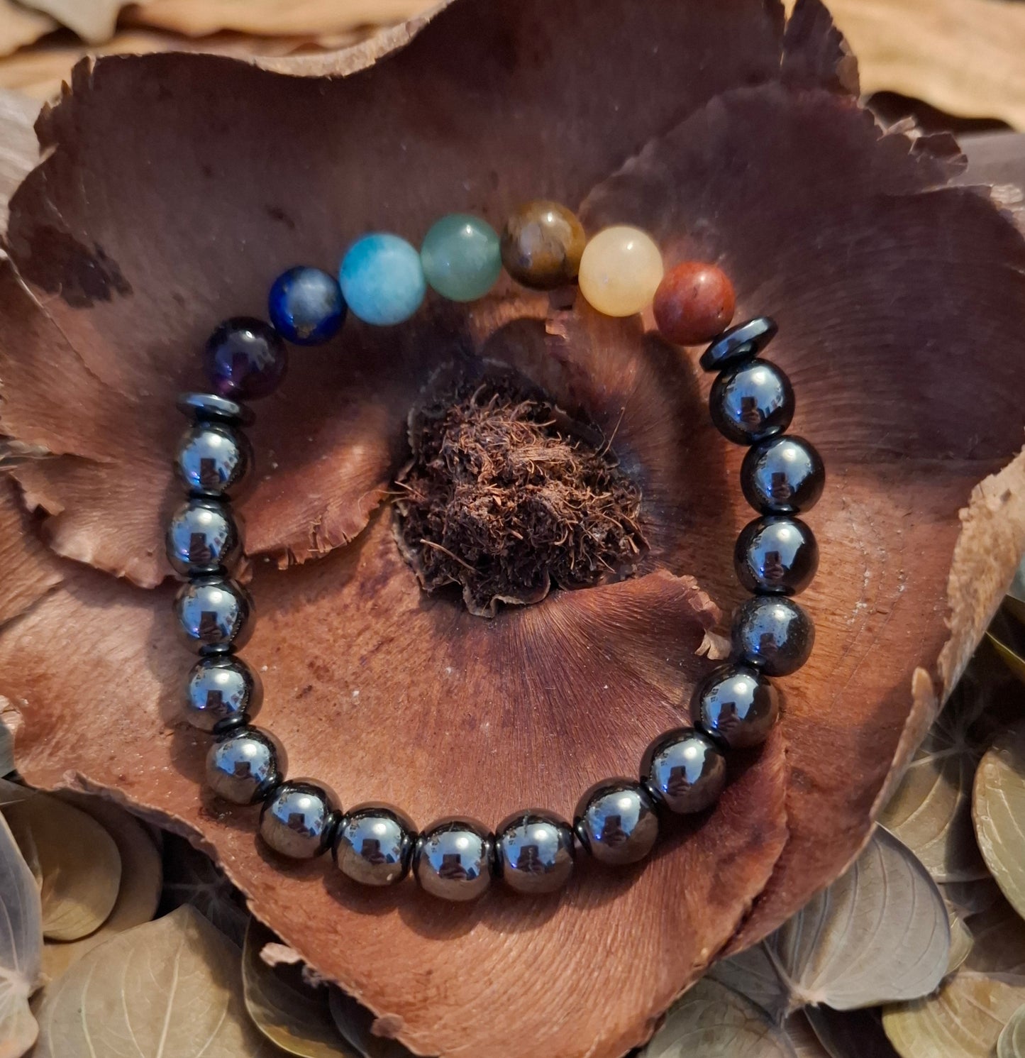 🛡️🌈 Bracelet Hématite 7 Chakras – Ancrage, harmonie et alignement énergétique